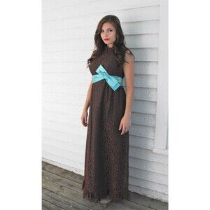 60s Brown Lace Gown Vintage Party Dress Cocktail Prom Formal S